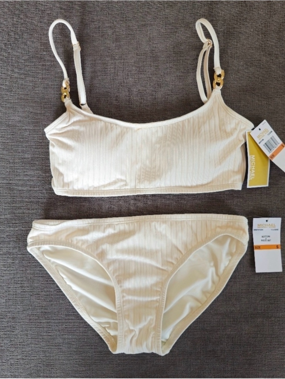 Michael Kors Cream Ribbed Bikini Set with Gold Accents